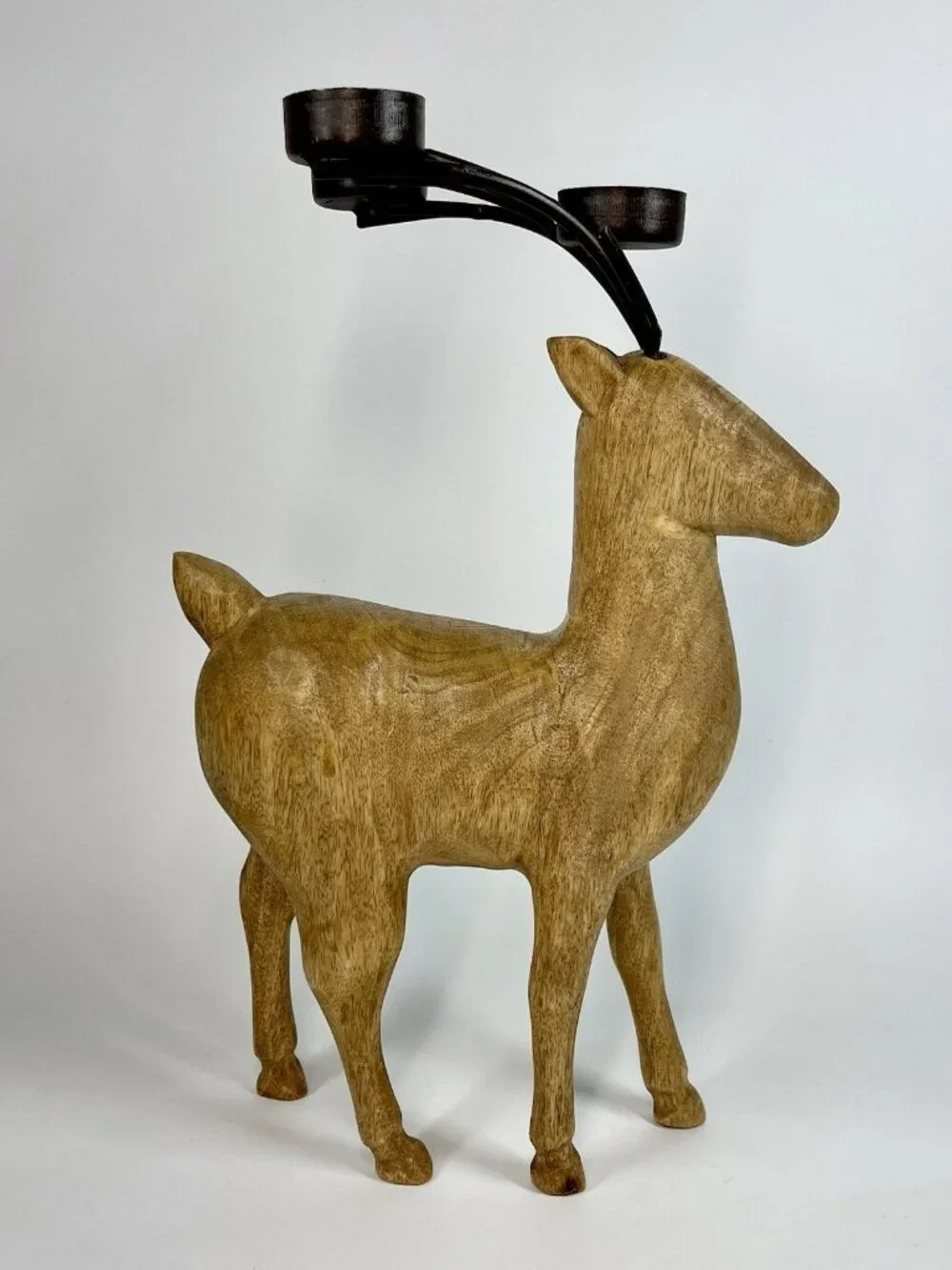 Rustic Carved Wood Reindeer Metal Antlers 3 Tealight Candle Holder Holiday